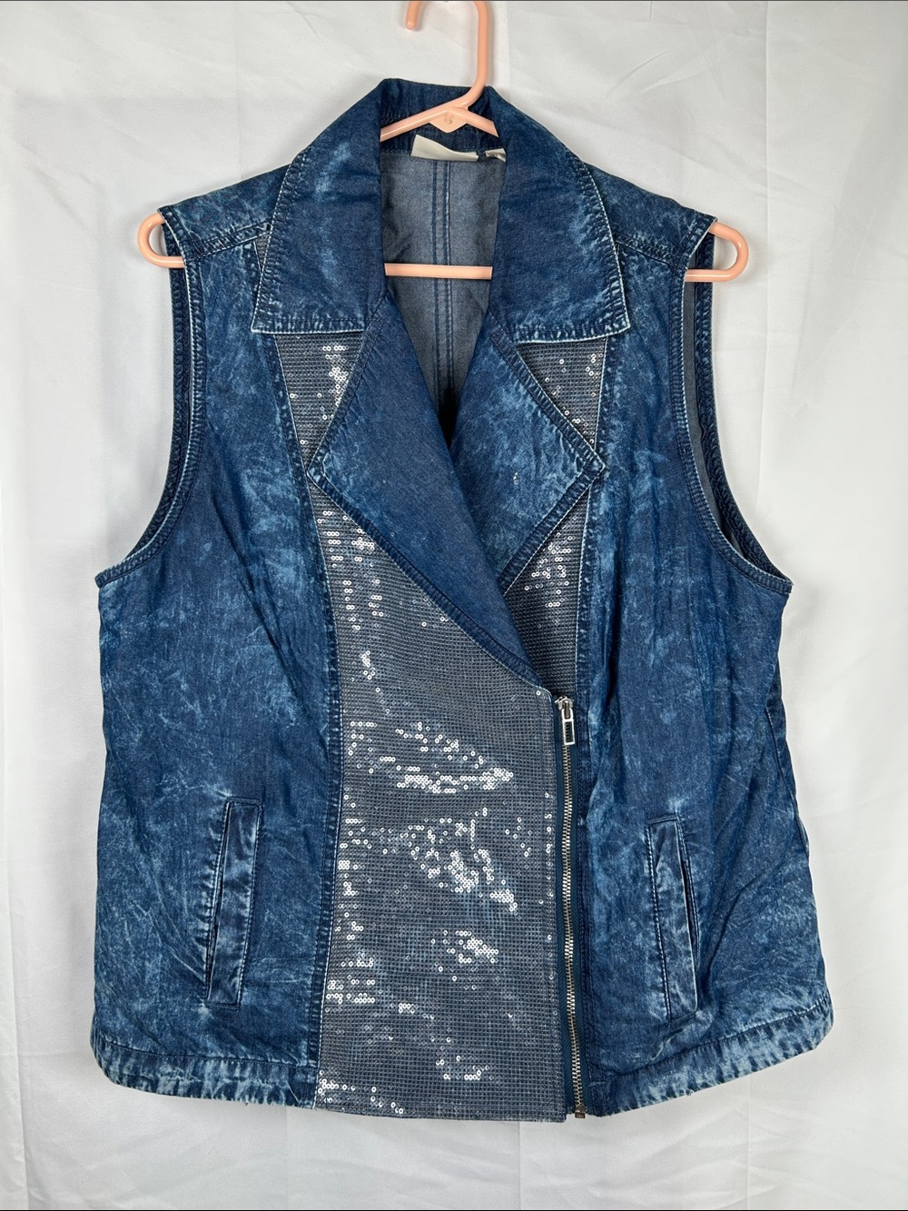 Chico’s Denim Style Sequin Vest Women’s Large Blue Zip Front